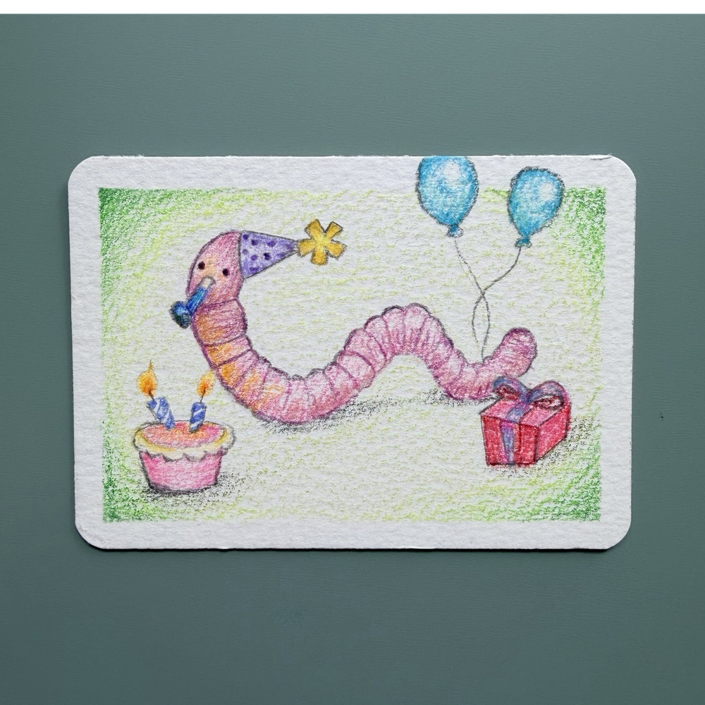 ACEO Original Colored Pencil Worm Drawing “Earthworm Birthday” Small 2.5x3.5”