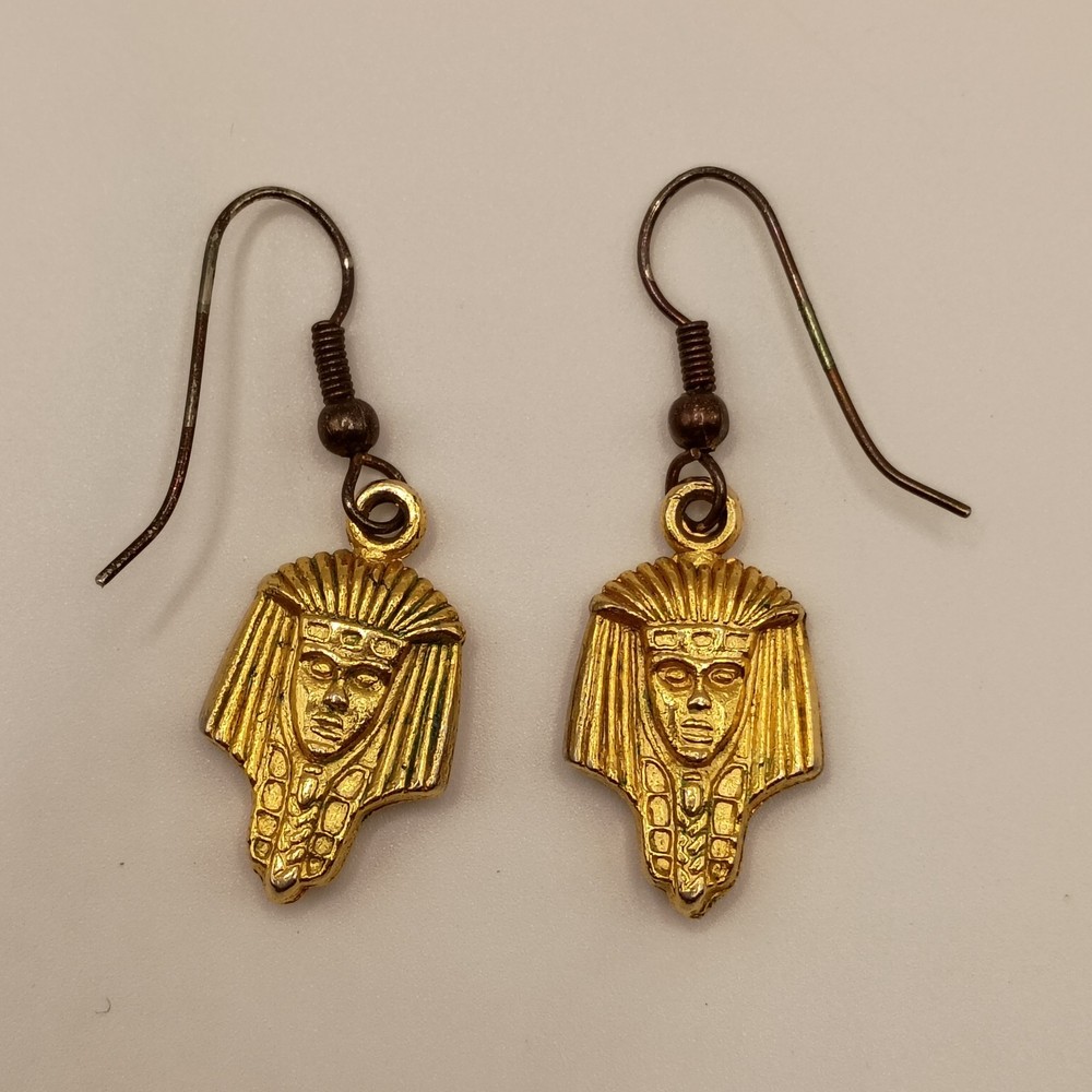 Vintage Egyptian Revival Pharaoh Mask Drop Earrings Gold Tone