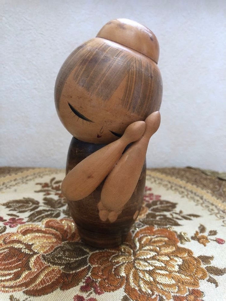 Kokeshi Doll Showa Retro Sleeping Face 12cm Cute Vintage Collectible Used