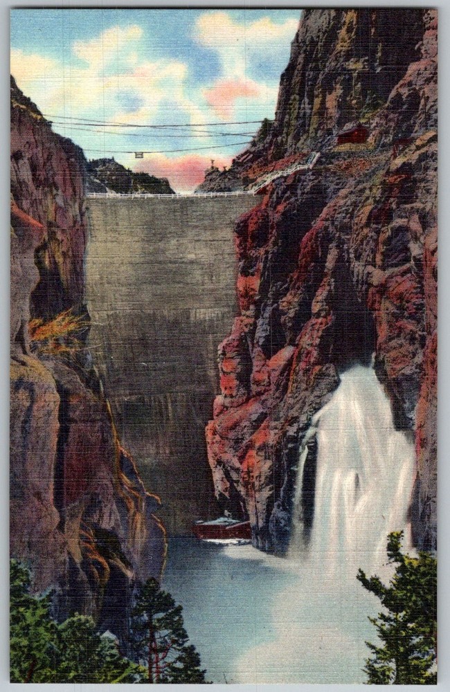 Vtg Postcard Shoshone Dam Waterfall View Cody, WY 1930s