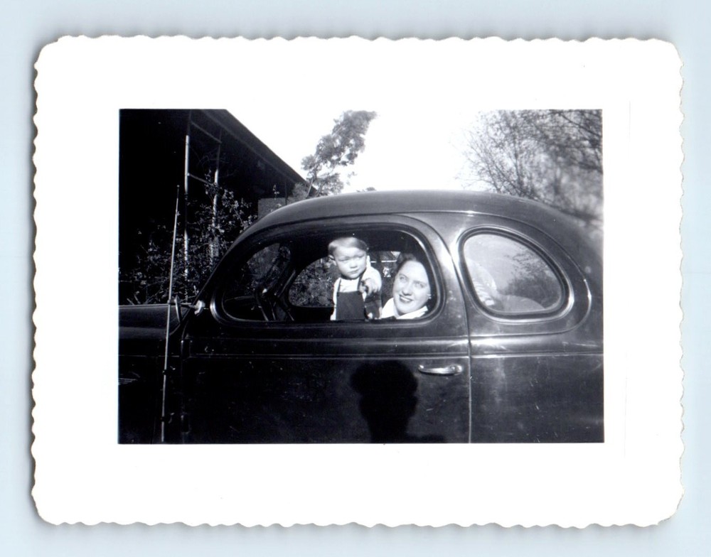 Old Vintage Photo WOMAN AND BOY IN CLASSIC CAR SHADOW ON DOOR SNAPSHOT