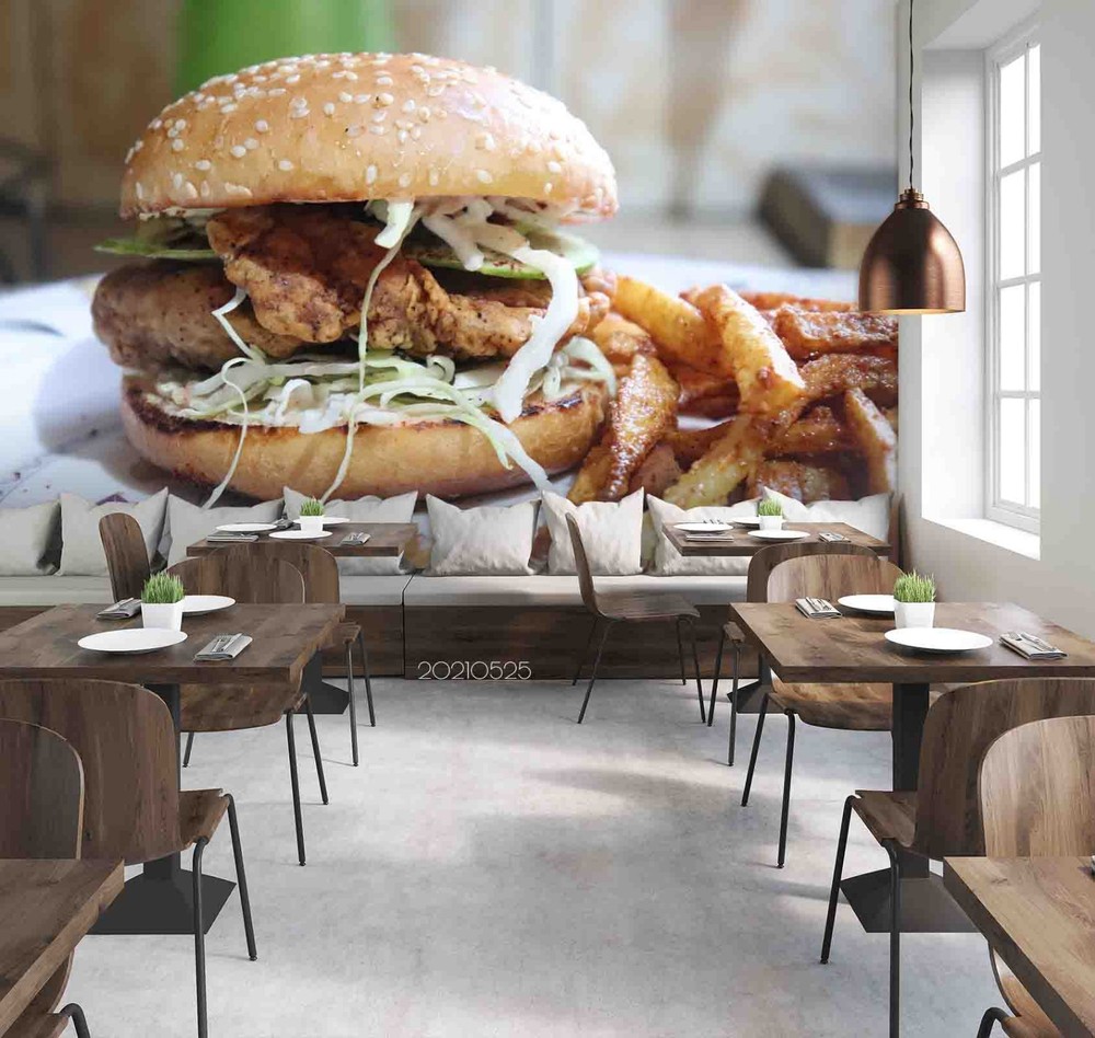 3D French Fries Hamburger Fast Food Wall Murals Wallpaper Murals Wall Sticker