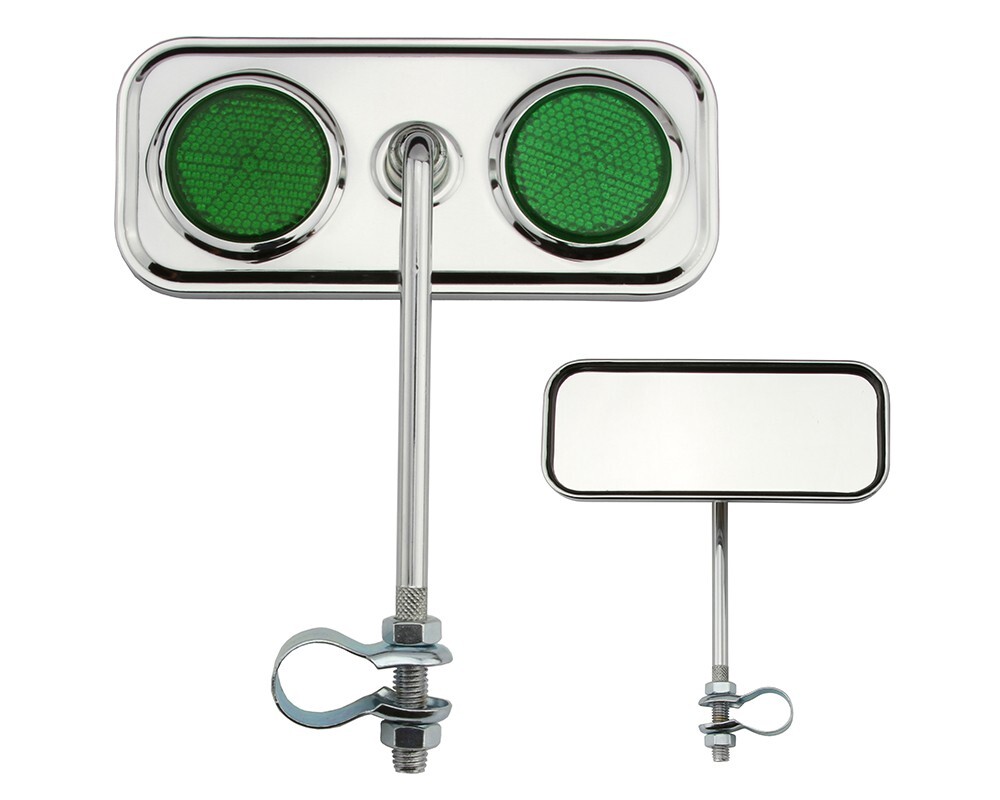 Rectangle Bicycle Bike Mirror Chrome with Green Reflectors.