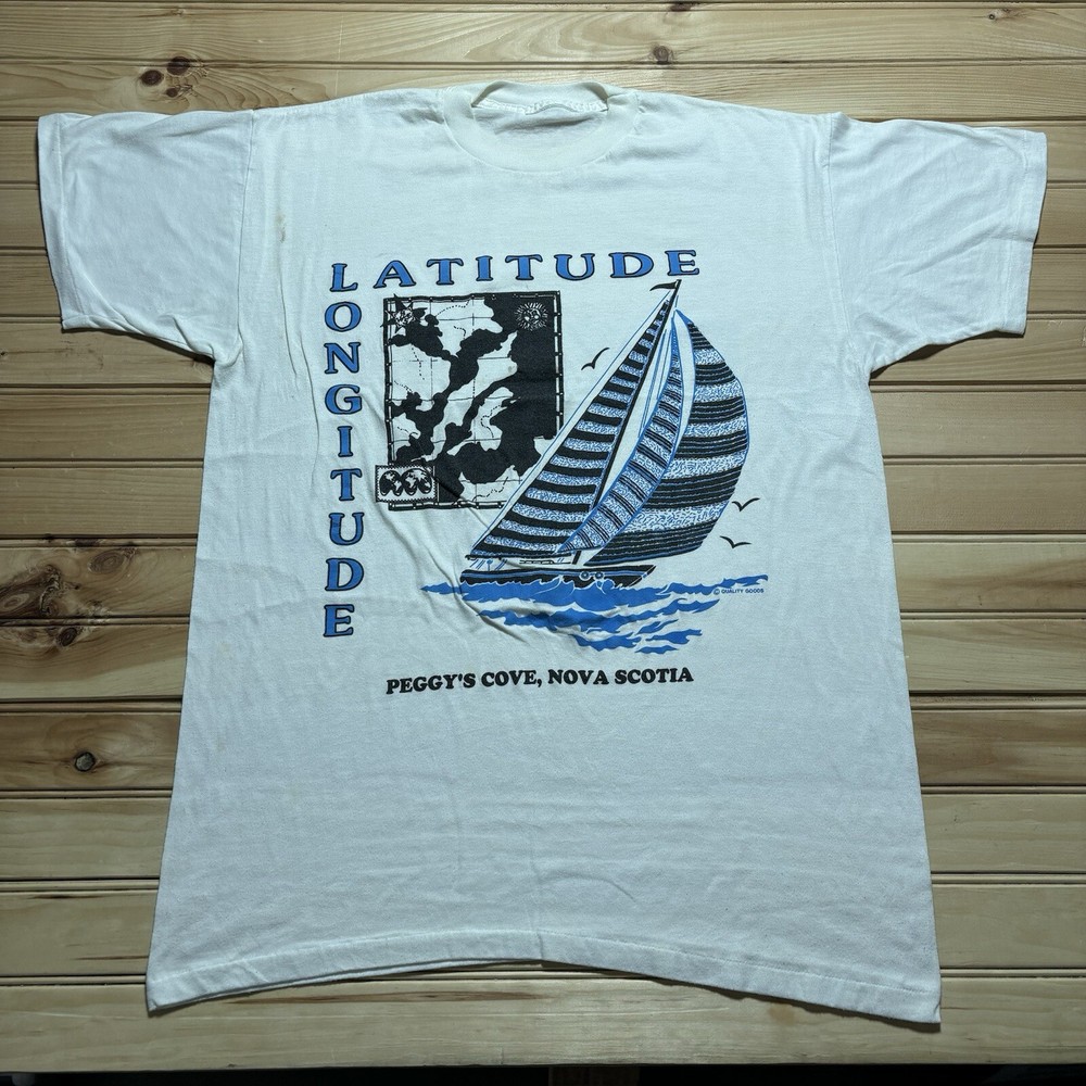 Vintage 80s Nova Scotia Latitude Longitude Sailboat Nautical Map Shirt - Large