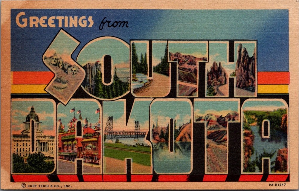 Greetings from South Dakota Large Letter Linen Postcard Curt Teich 1939