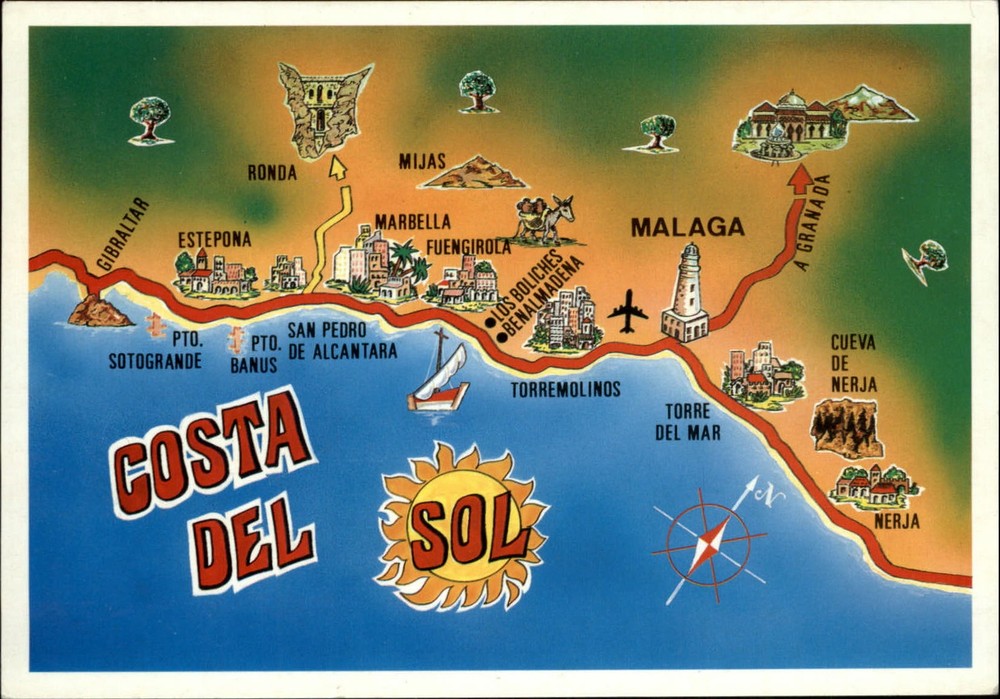 Costa Del Sol Spain map compass vintage postcard sku189