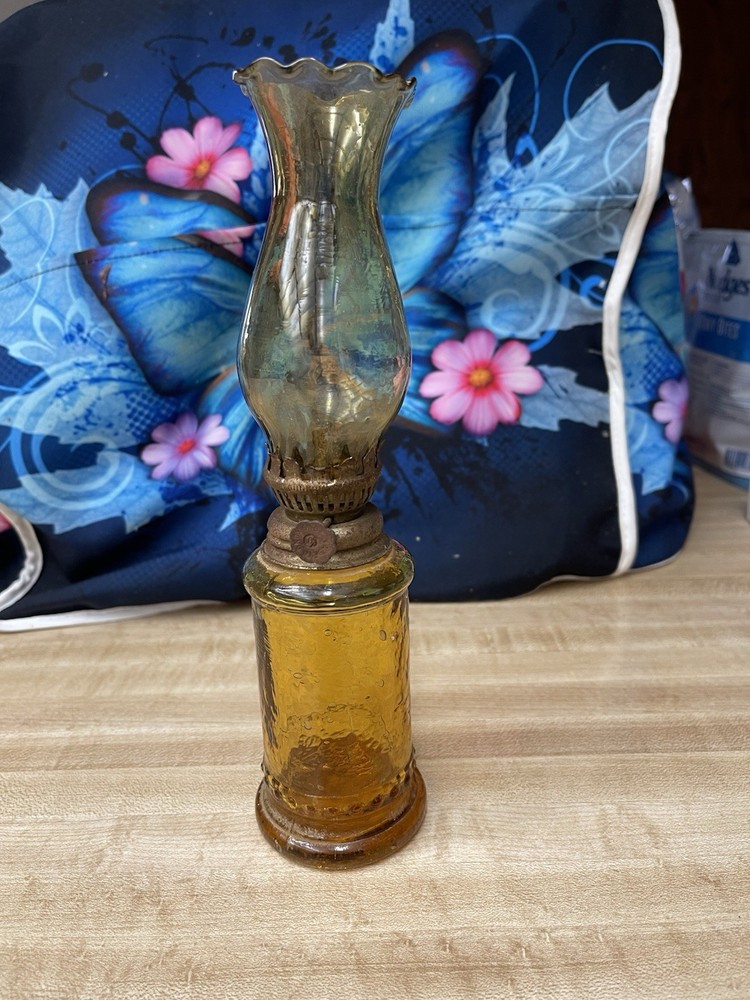 Vintage Amber Glass Oil Lamp Kerosene 9” Tall Made In Hong Kong.