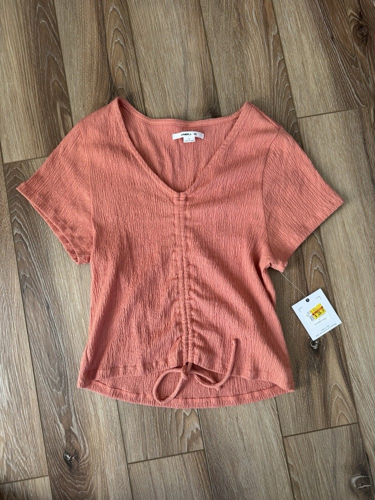 O’Neill Women’s Pink V-Neck Knit Top L Short Sleeve Solid Drawstring Pullover