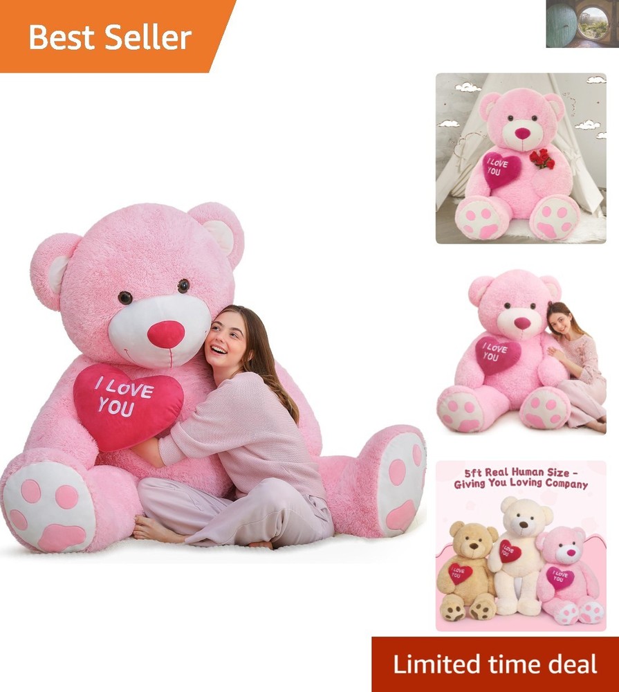 Jumbo 5ft Pink Teddy Bear – Ultimate Valentine’s Gift with Red Heart Design