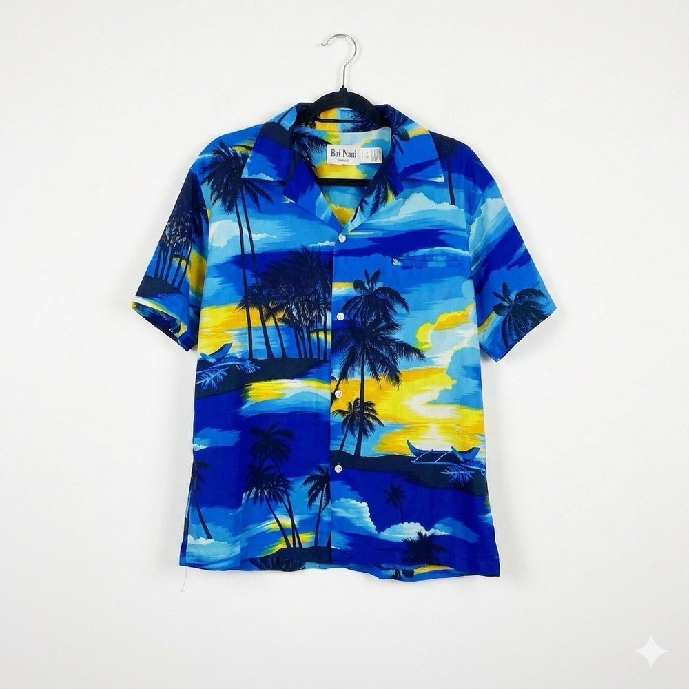 Vintage Kai Nani Hawaii Tropical Sunset Outrigger Canoe Aloha Shirt Large Blue