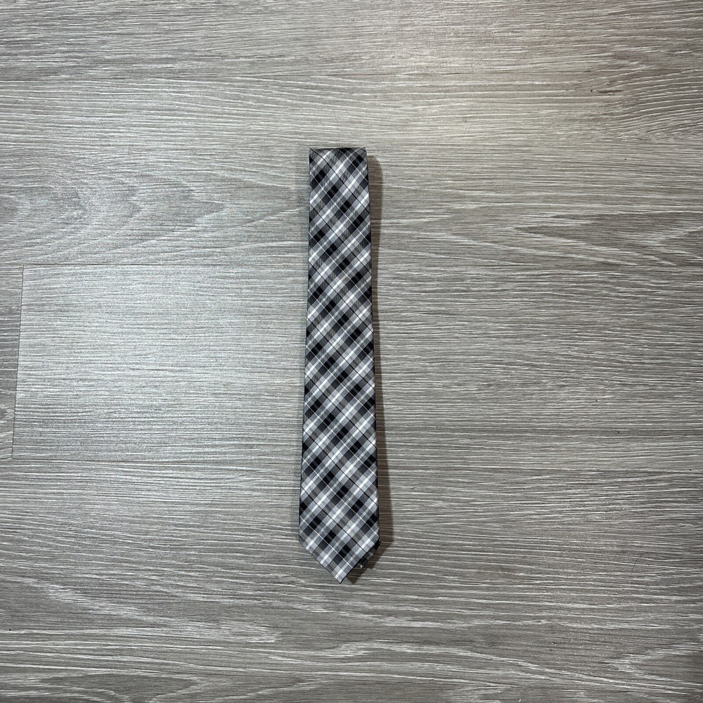 Ben Sherman Tie Men’s Silk Black White Plaid Modern Slim Designer Necktie