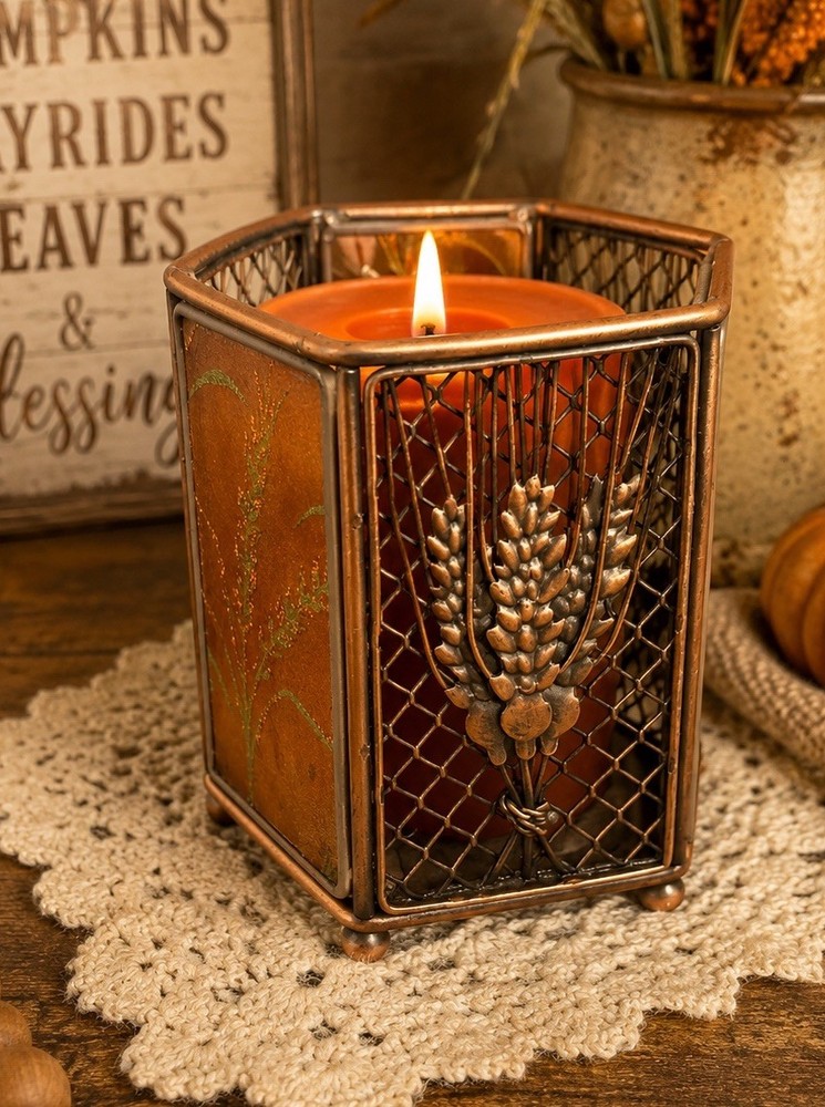 Vintage Wheat Sheaf Metal Glass Votive Candle Holder Farmhouse Decor Hexagon