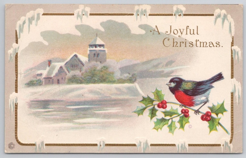 Vintage Embossed Christmas Postcard Robin Holly Winter Scene Unposted