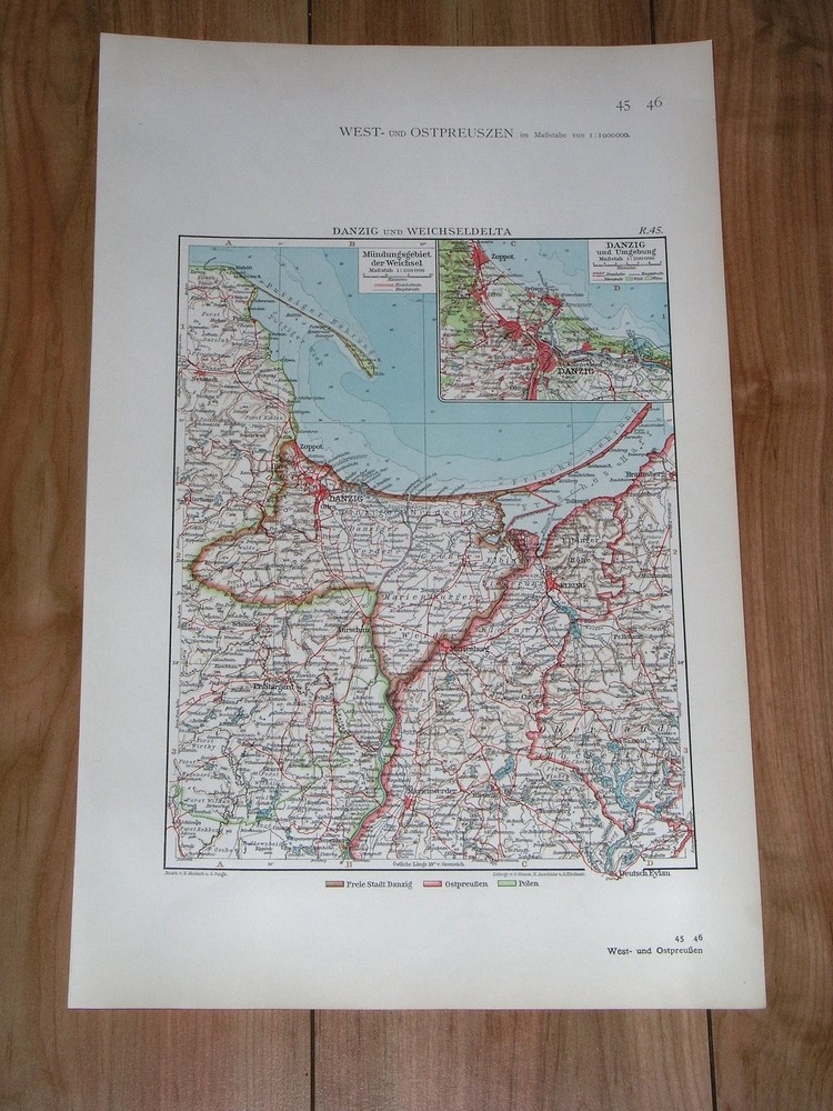 1928 Vintage Map Of Free City Of Danzig Freie Stadt Germany / Poland Gdańsk