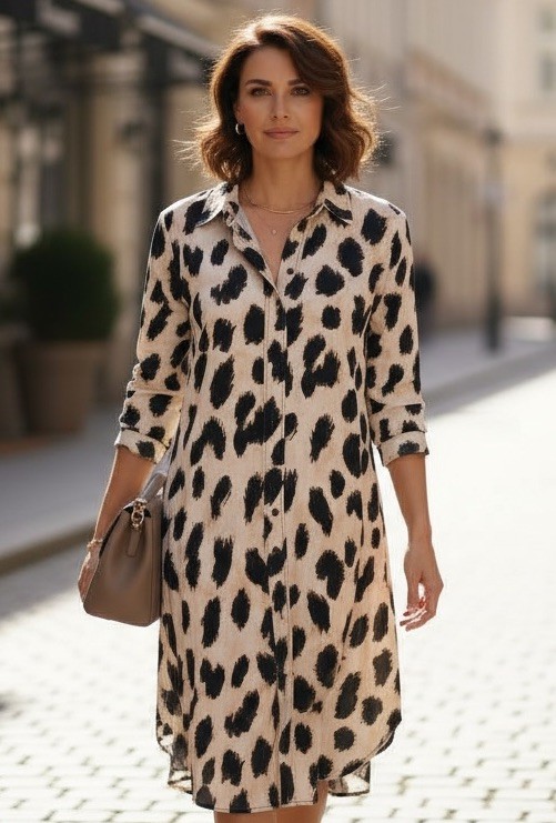 H&M OVERSIZED SHIRT DRESS CREAM Black Leopard Animal Print Button Down Size S