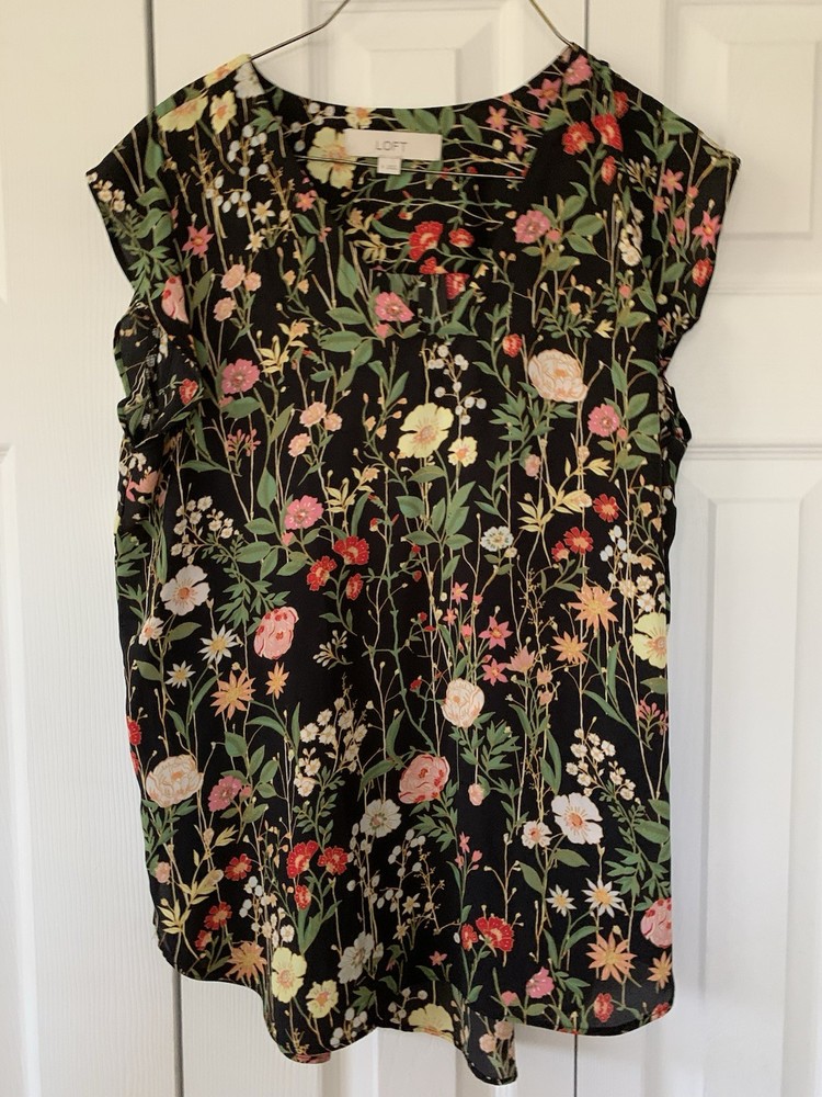 Ann Taylor Loft Black Floral Cap Sleeve Shirt Top Size M Euc/LN!