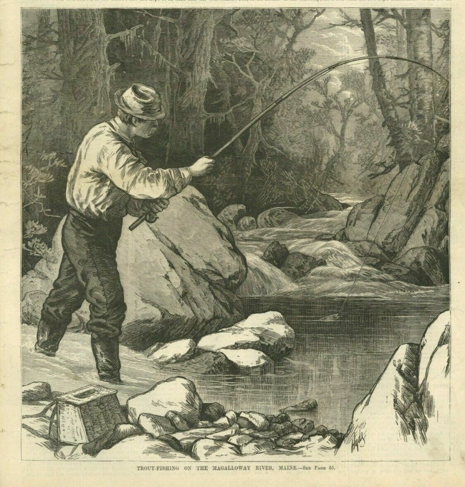 FISHERMAN SPORTSMAN FLY FISHING ROD TROUT FISHING ON THE MAGALLOWAY RIVER MAINE