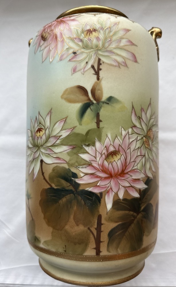 Antique Nippon Hand-Painted Floral Designed Vase With Handles & Gold Accents