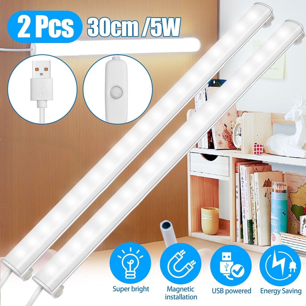 2pcs 20LED Under Closet Light USB Magnetic Shelf Strip Bar Cabinet Wall Lamp Kit