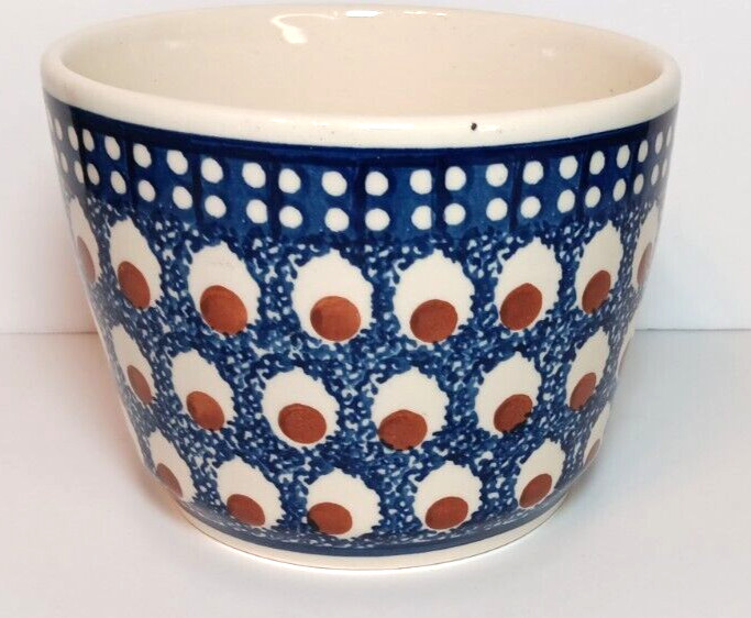 Wiza Polish Pottery Bowl Poland, Planter Blue Brown Sponge Dots Handmade Ceramic