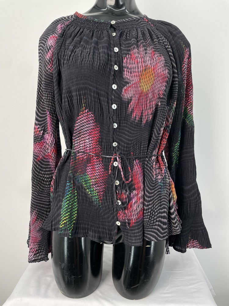 Desigual Womens Blouse Black/Multi Size S Pixelated Flower Chiffon Button Up