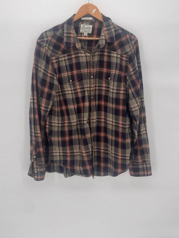Lucky Brand Mens Plaid Western Shirt Pearl Long Sleeve Classic Fit Red Size L