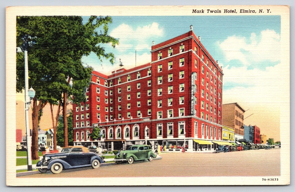 Elmira New York~Mark Twain Hotel~Red Brick Bldg~Cars~Sign~Linen 1940s Postcard