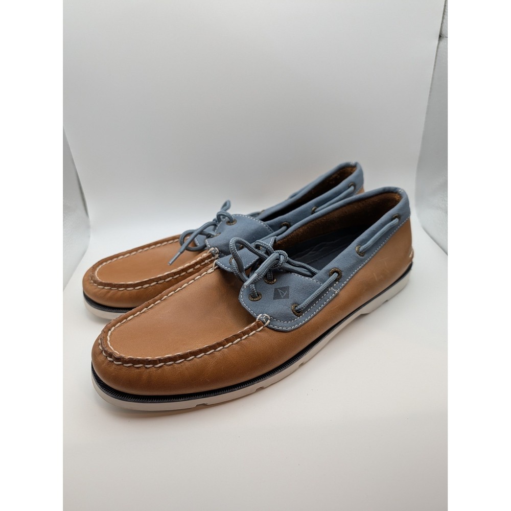 Sperry Top-Sider Mens 10.5 Boat Shoes Tan Leather Blue Canvas Loafers Classic