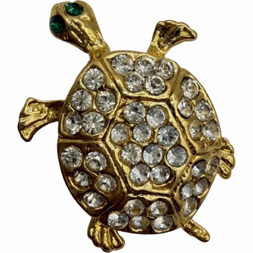 Vintage Gold Tone Turtle Brooch Clear Rhinestones Green Eyes Figural Tortoise