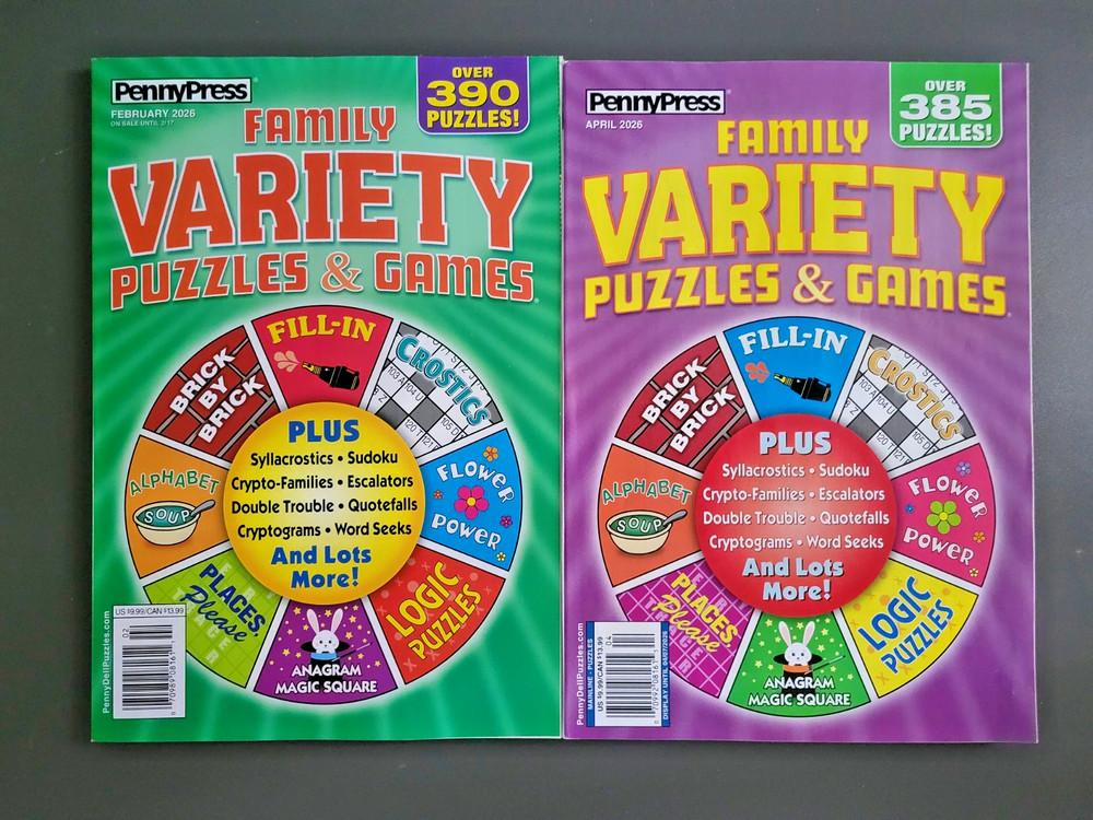 Lot of 2 Family Variety Puzzles & Games by Penny Press - Over 385 Puzzles Each!