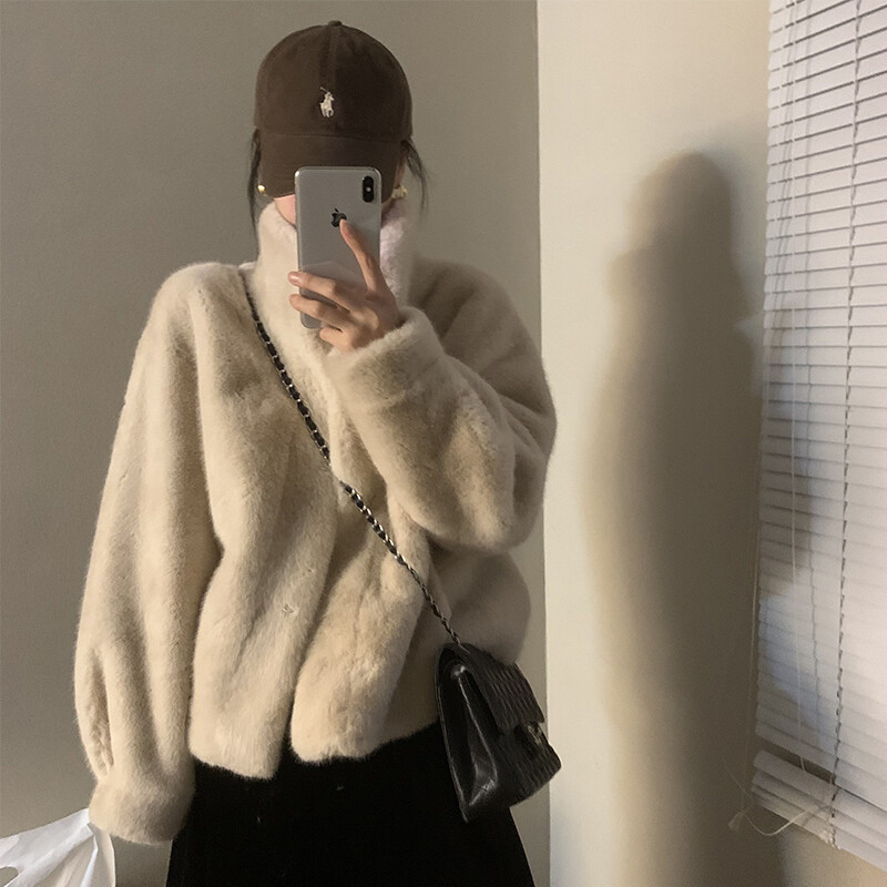 2024 Winter Faux Mink Short Stand-Up Collar Mink Fur Jacket Women
