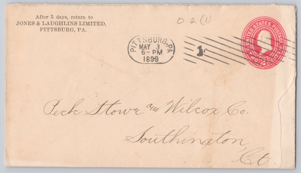 Pittsburg, PA, Jones & Laughlins Limited stamped envelope, 2c 1899