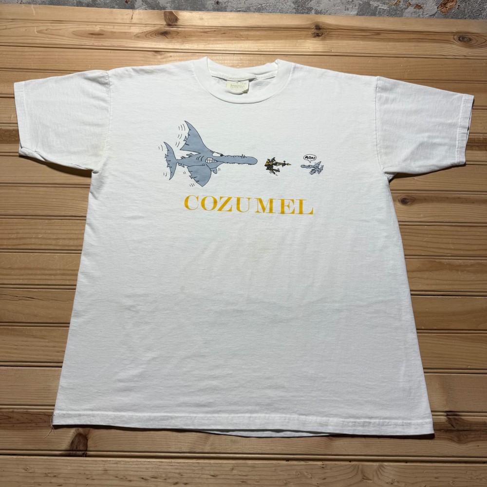 Vintage 90s Cozumel Scuba Diving Shark Funny Cartoon T-Shirt Men's - Size Large