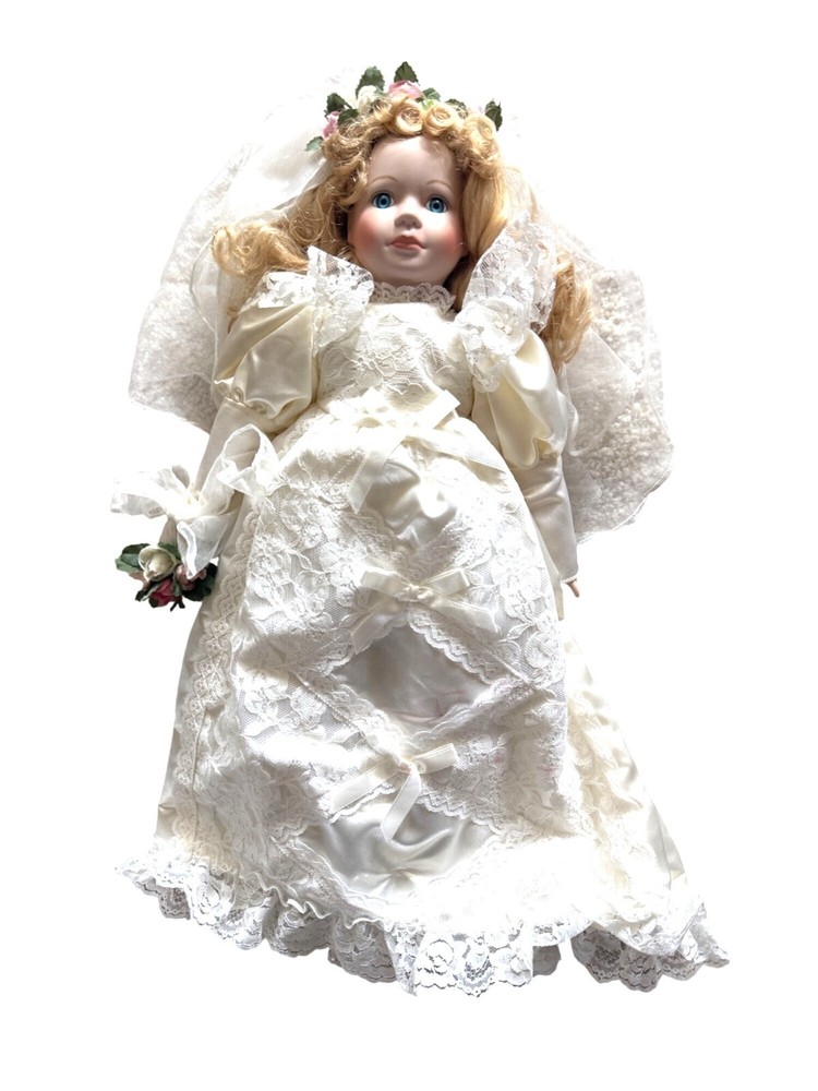 Vintage Porcelain Bride Doll In Lace Wedding Gown With Curled Blonde Hair & Blue