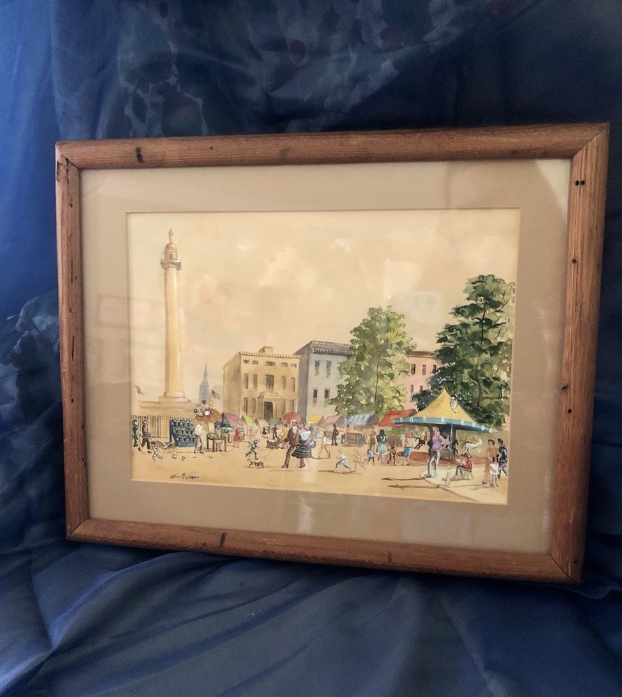 VTG 1969 MCM Orig LOIS GRIEGER SIGN WATERCOLOR “Baltimore Flower Mart” Painting
