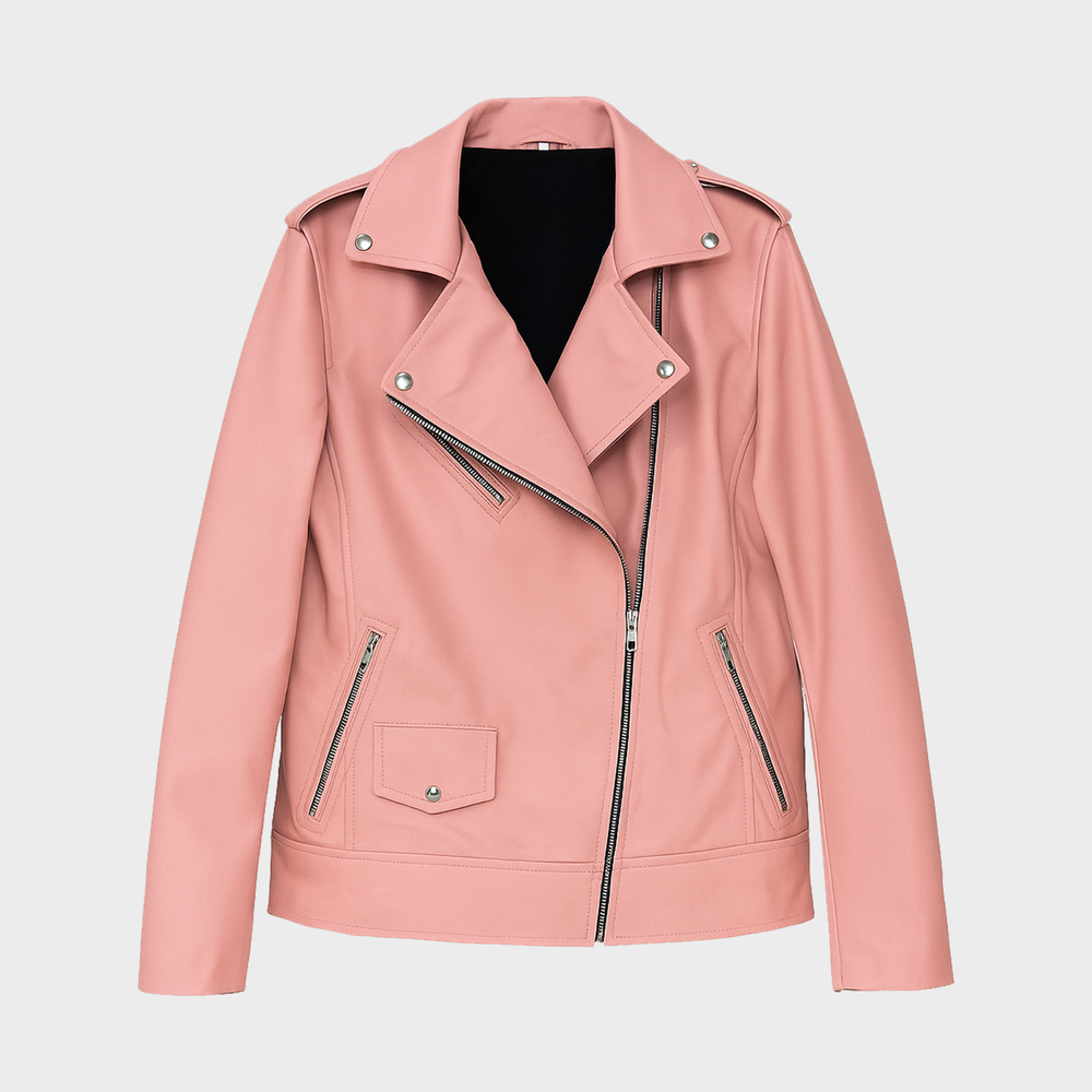 Handmade Blush Pink Sheepskin Moto Jacket Womens Asymmetrical Biker Style