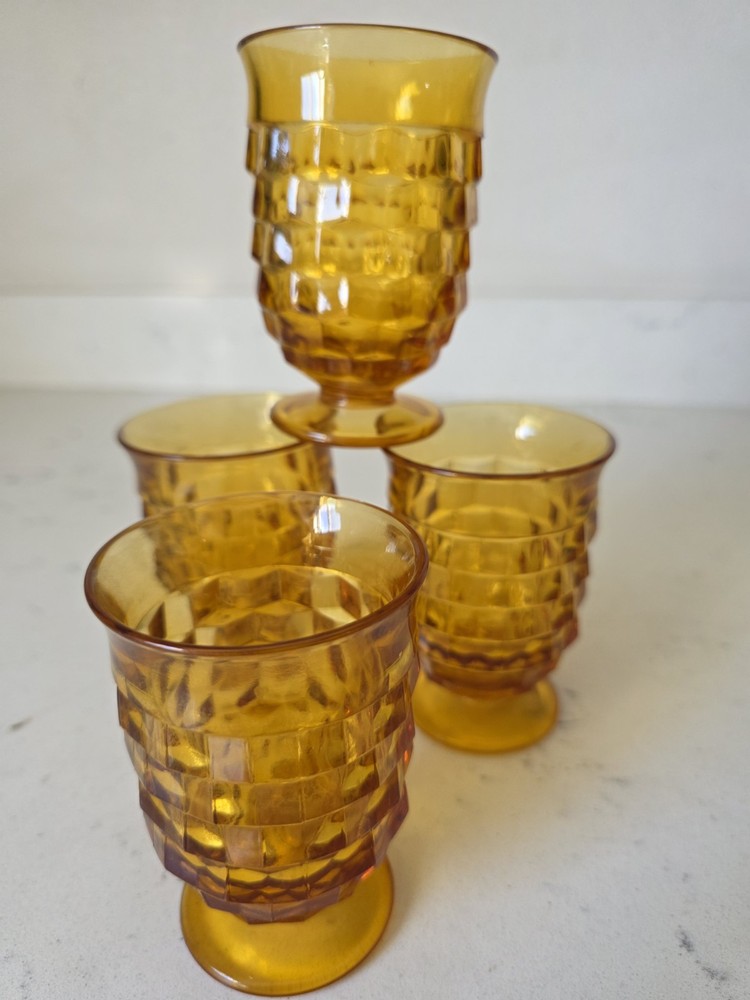 Vintage Indiana Whitehall Amber Footed Cubist 4” Tumblers Glasses Set Of 4 EUC
