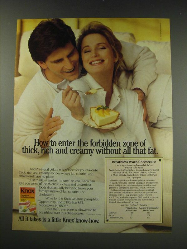 1991 Knox Gelatin Ad - recipe for Breathless Peach Cheesecake