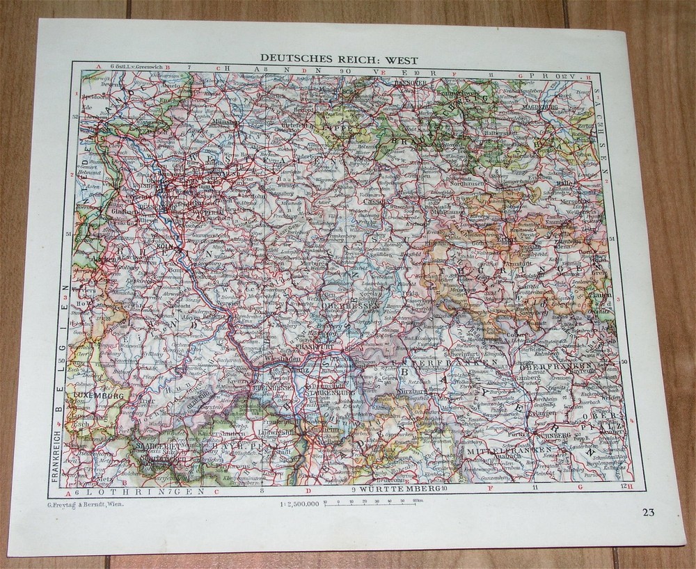 1929 Vintage Map Of Western Germany Hesse Frankfurt Ruhrgebiet / Verso Breslau