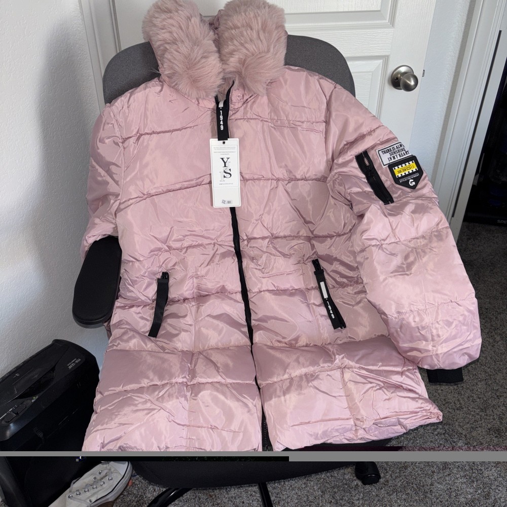 YJSP Women's Long Quilted Puffer Coat, Pink.  Pink  Fur Hood,  NWT, Pink,4XL