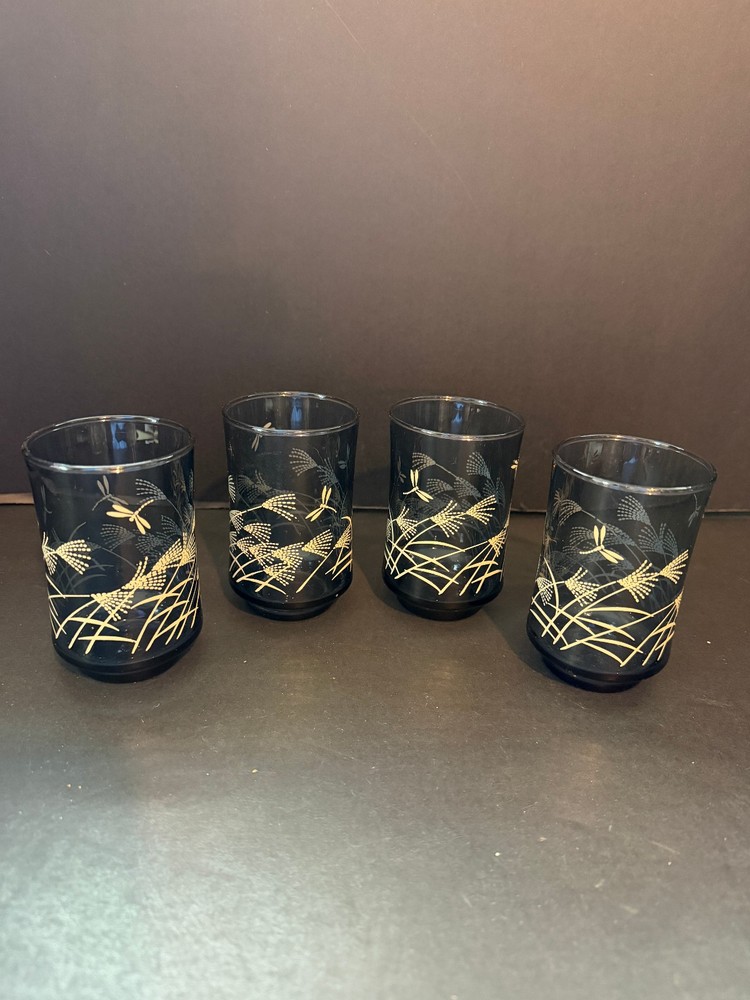 Vintage Libby Mid Century Modern Blue Glass Tumblers Gold Wheat Dragonfly Set