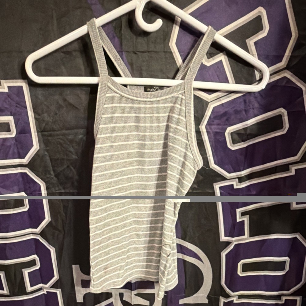 rue21 Gray White Striped Sleeveless Spaghetti Strap High Neck Cropped Tank Top M