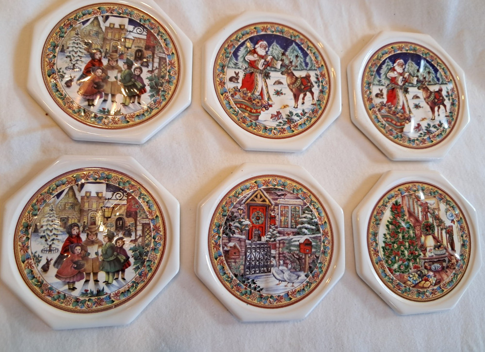 Vtg Octagonal Christmas Coasters Ceramic Set of 6 Santa 3D Finish Holiday Gift