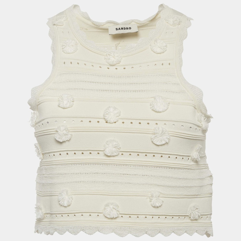 Sandro White Knit Pom Pom Detail CutOut Crop Top M