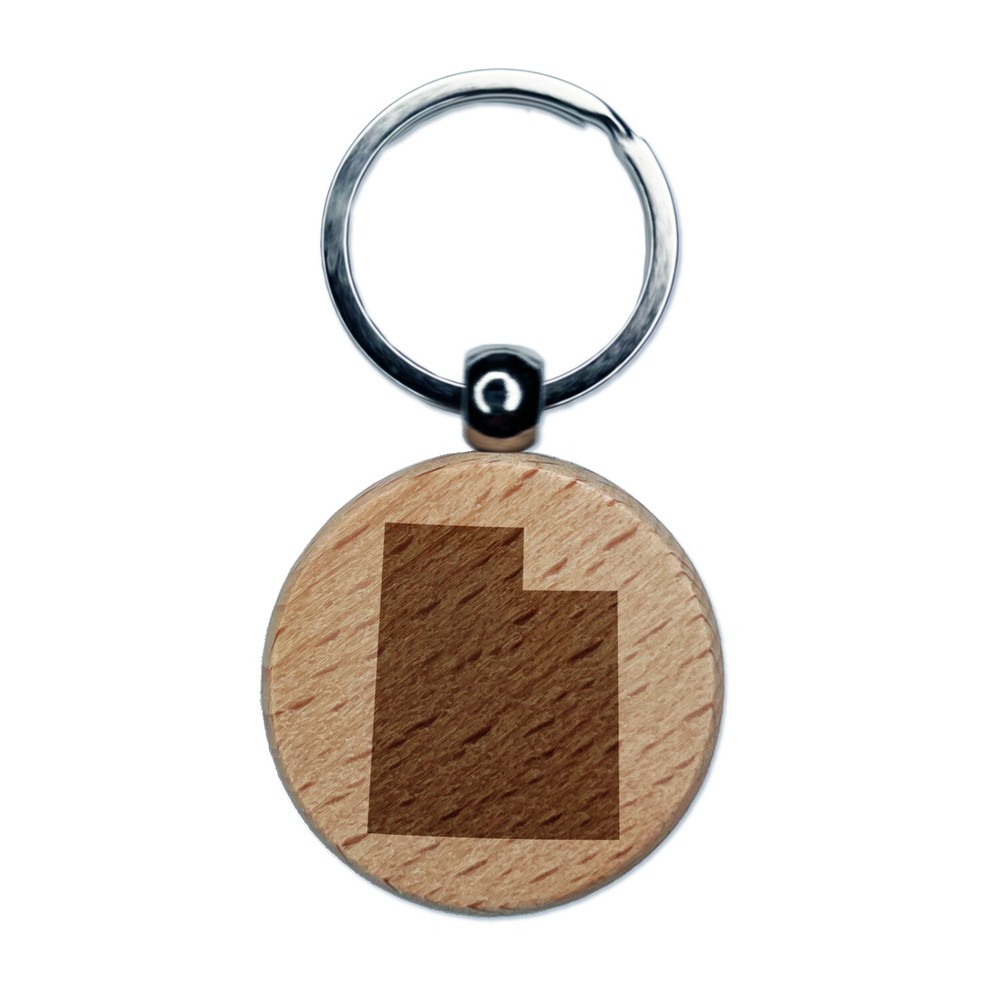 Utah State Silhouette Engraved Wood Round Keychain Tag Charm