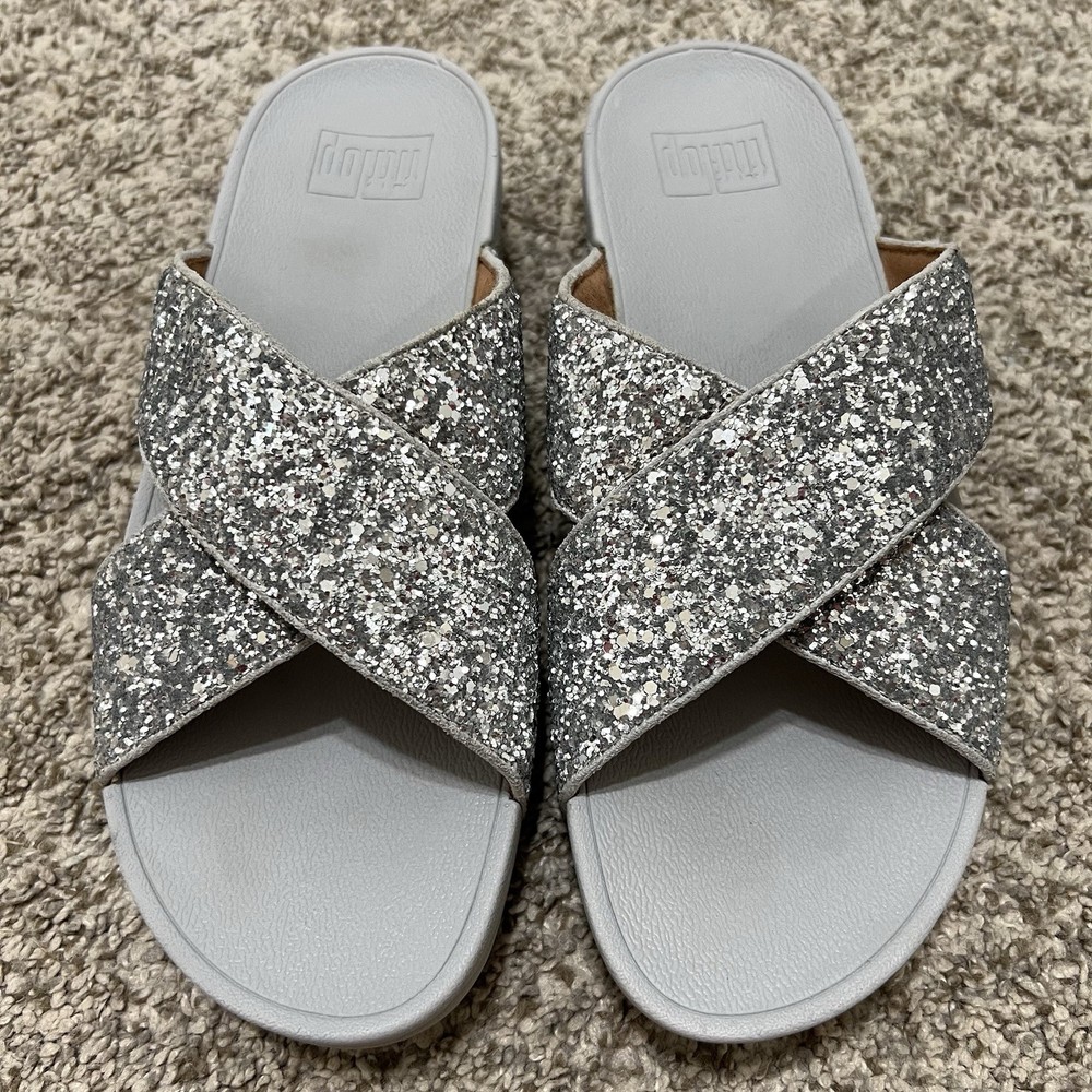 FitFlop Lulu Shimmerfoil Glitter Crisscross Slides Sandals Wedge Heel Size 9