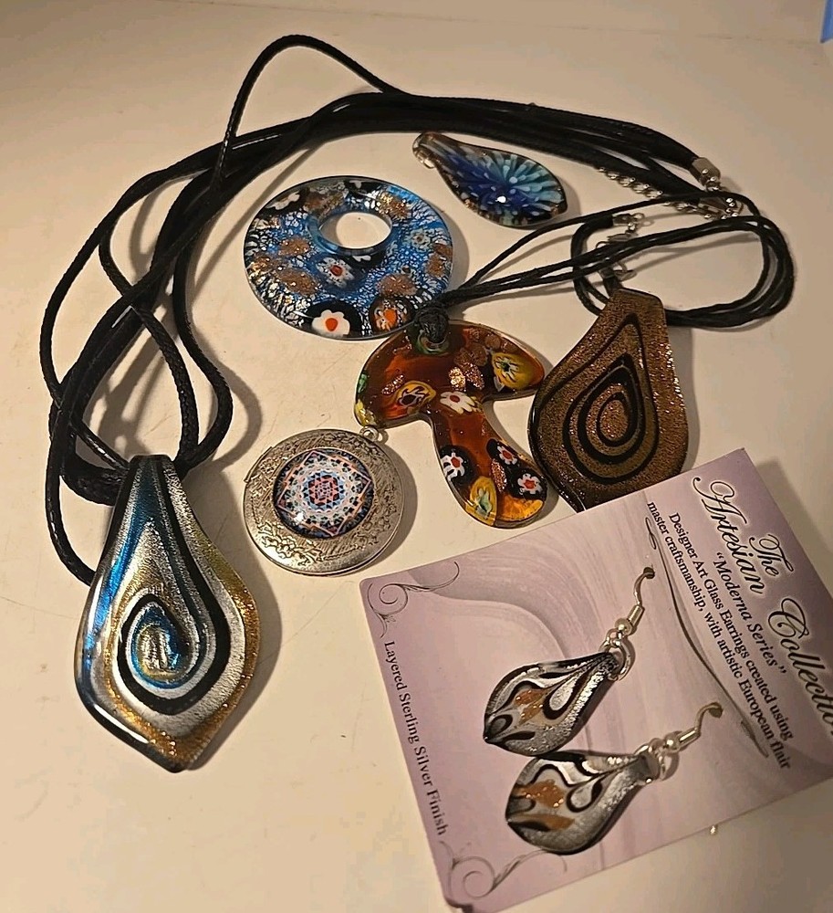 Lot Of 8  Italy Millefiori Murano Mosaic Diocrobic Glass Pendant Necklaces