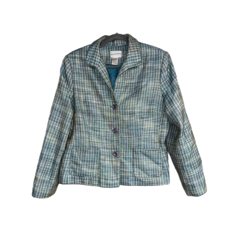 Jaclyn Smith - Women's Plaid Blazer Jacket - Wool‑Blend - Teal Lining - Size 16