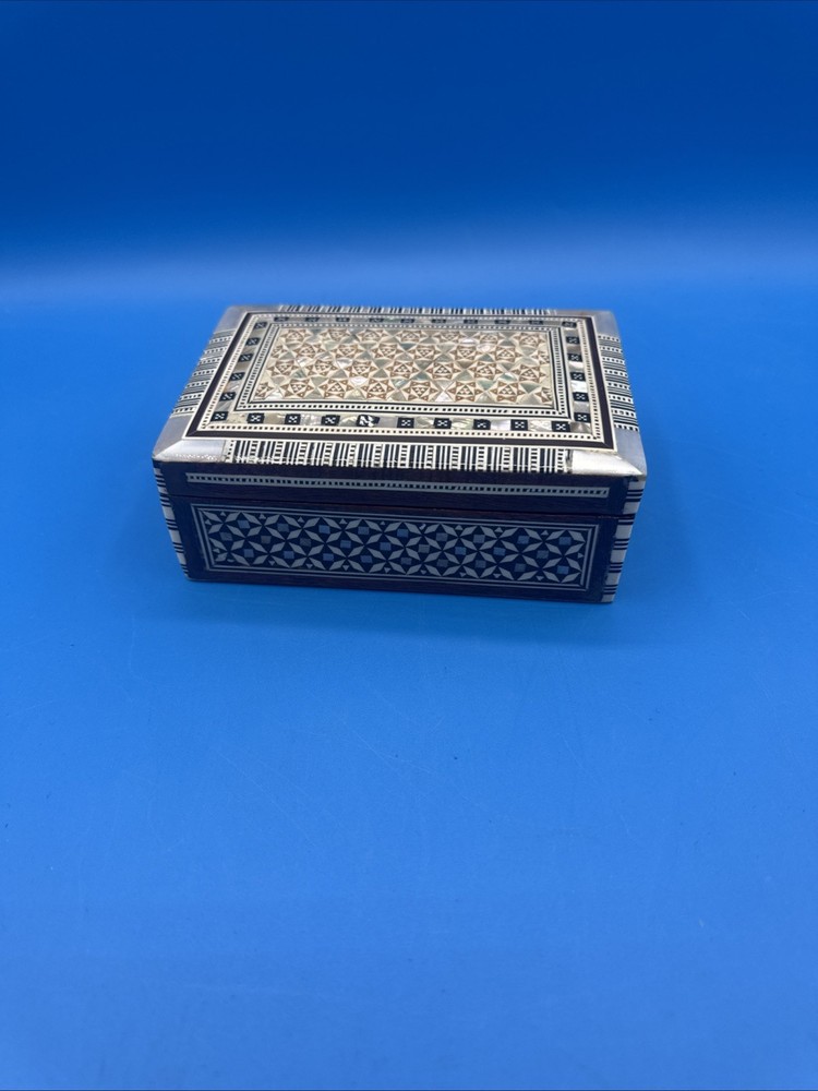 Middle Eastern Mother of Pearl Marquetry Inlaid Jewelry Box with Velvet Interior
