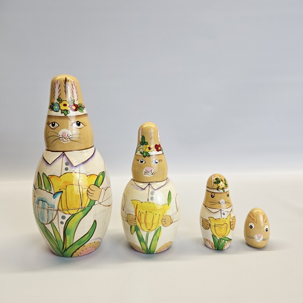 Vintage Matryoshka Nesting Dolls Rabbits Bunny Set 4 Hand Painted Garden Flowers